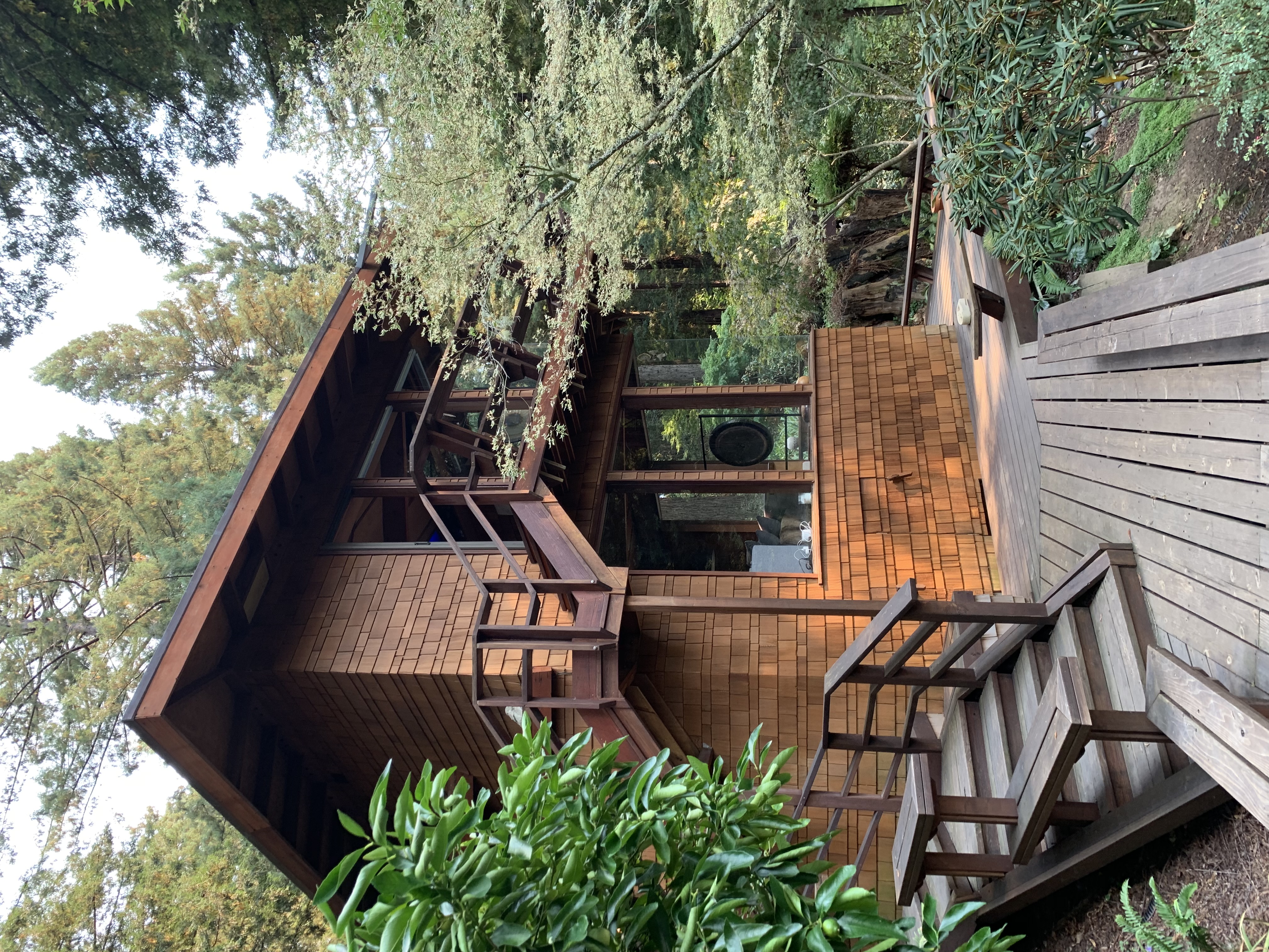 A-frame cabin with wood shingle siding, multiple deck levels, and dense vegetation surrounding the structure in a wildland-urban interface setting