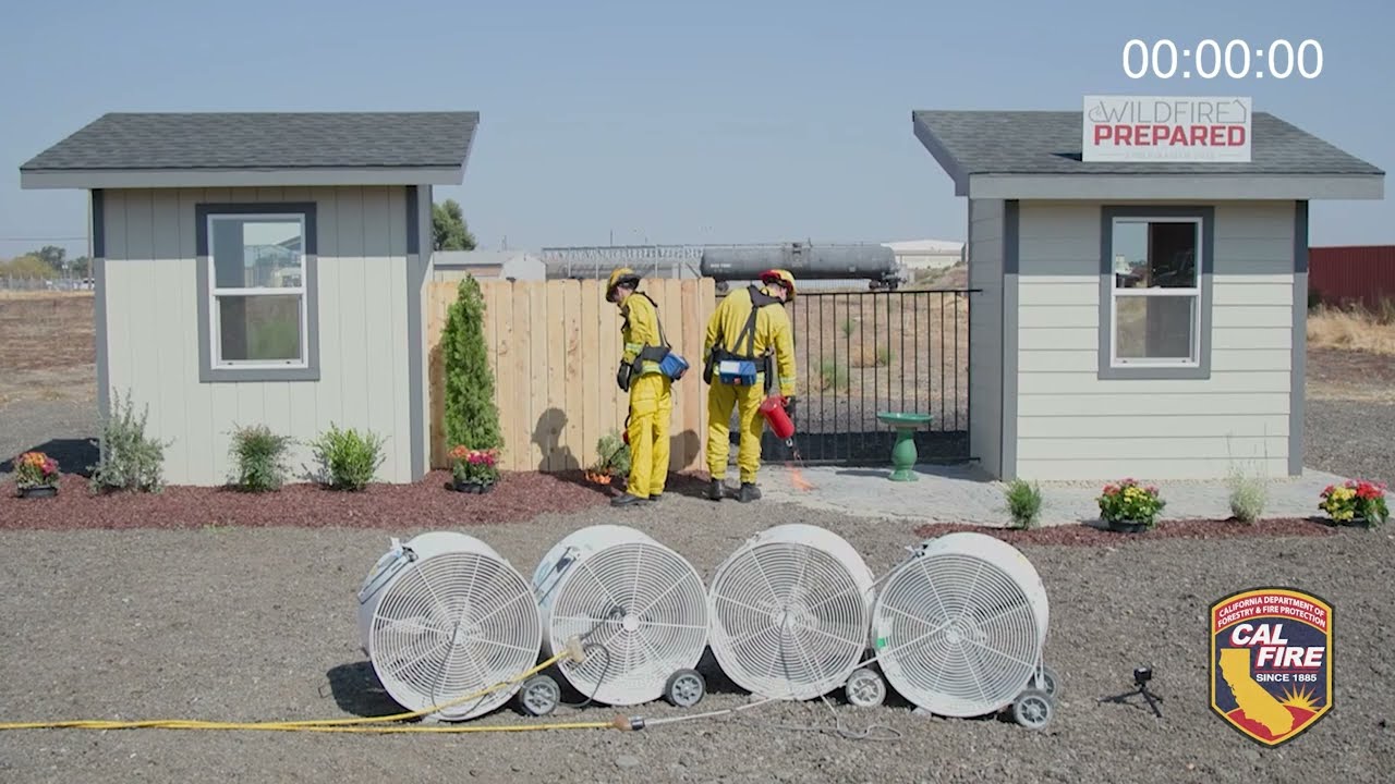 Cal Fire defensible space demonstration showing proper vegetation management around structures