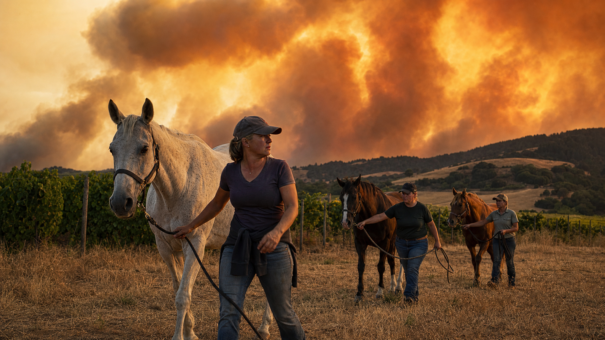 Horses being evacuated during a California wildfire, showing the urgency of large-animal evacuation planning