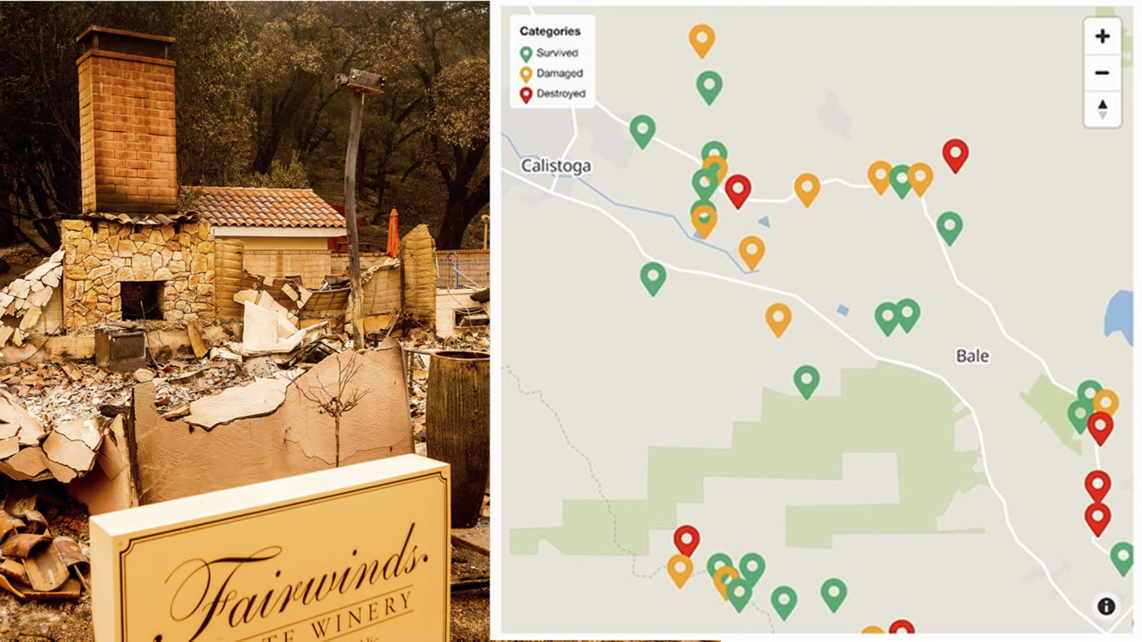 Destroyed Fairwinds Estate Winery after the 2020 Glass Fire in Napa Valley, showing complete structural loss
